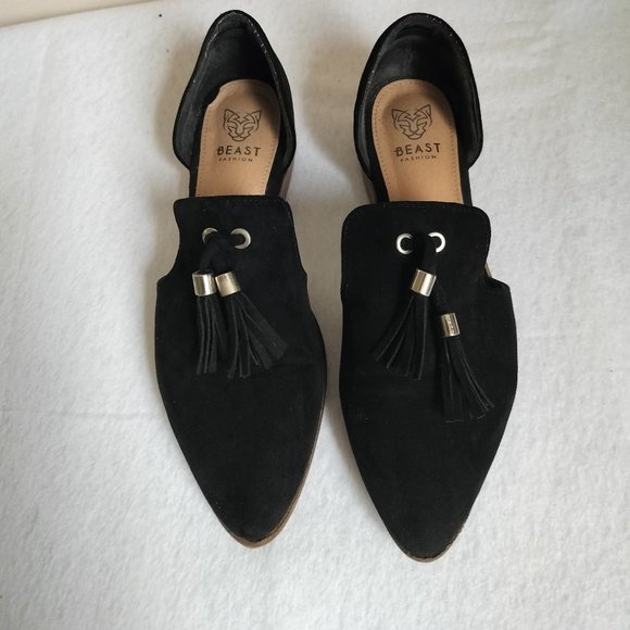 Black Faux Seude Flat with Tassels - Picture 1 of 3